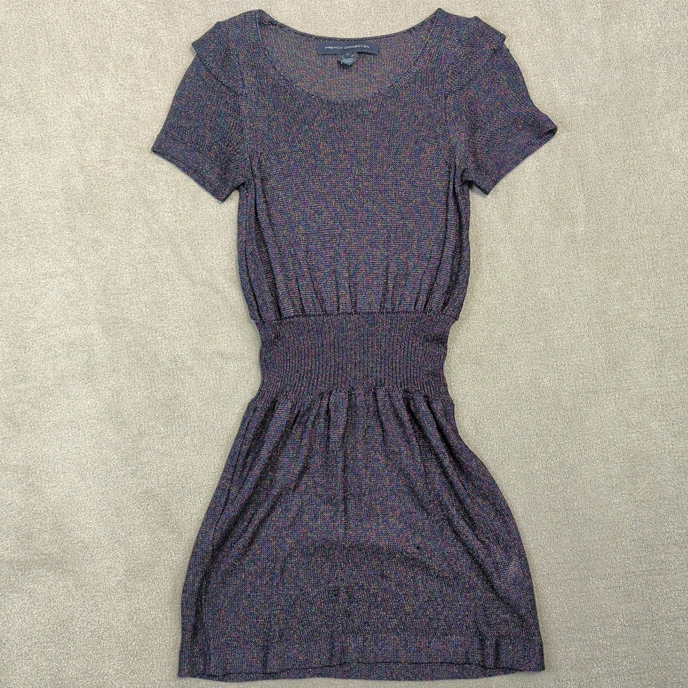 French Connection Dress Womens 0 Purple Metallic Knit Mini Short Sleeve Smocked